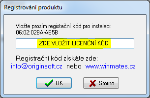 Ukázka, kam vložit licenční kód softwaru WinMates
